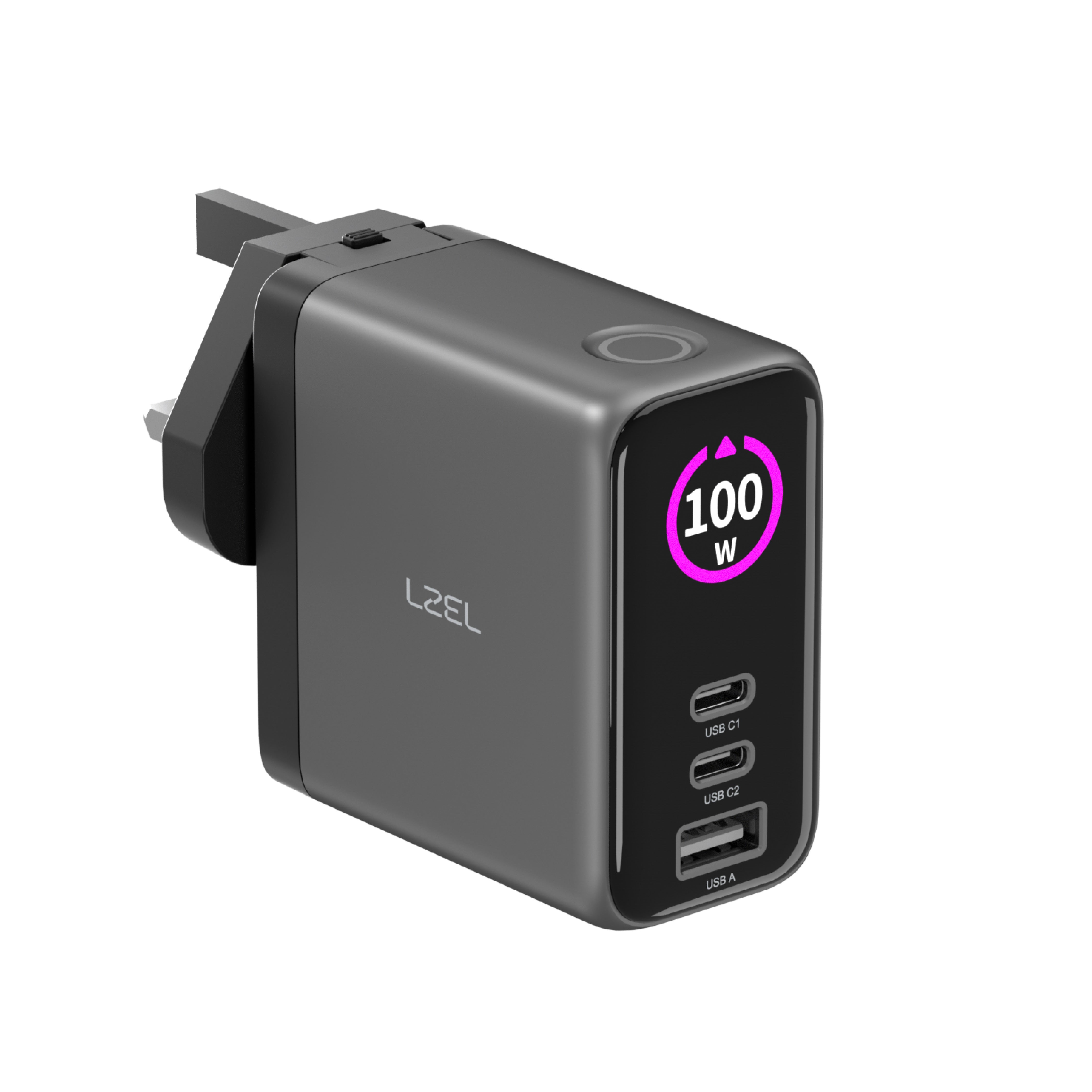 LZEL 100W GaN Travel Charger with 3-Port PD Digital Display & UK/EU/AU Plugs | Gray/Black LZEL 100W GaN Travel Charger with 3-Port PD Digital Display & UK/EU/AU Plugs | Gray/Black